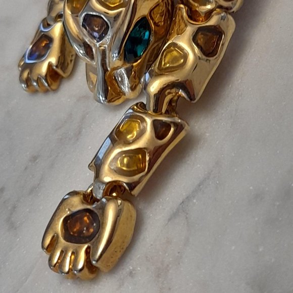 Vintage Articulated Over The Shoulder Leopard Brooch Gold Tone With Amber Stones - Picture 7 of 15